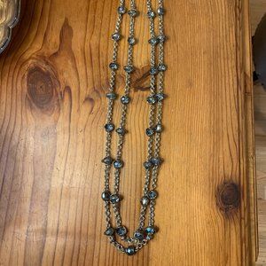 Very Long Silver Tone Necklace with Silver and Blue beads